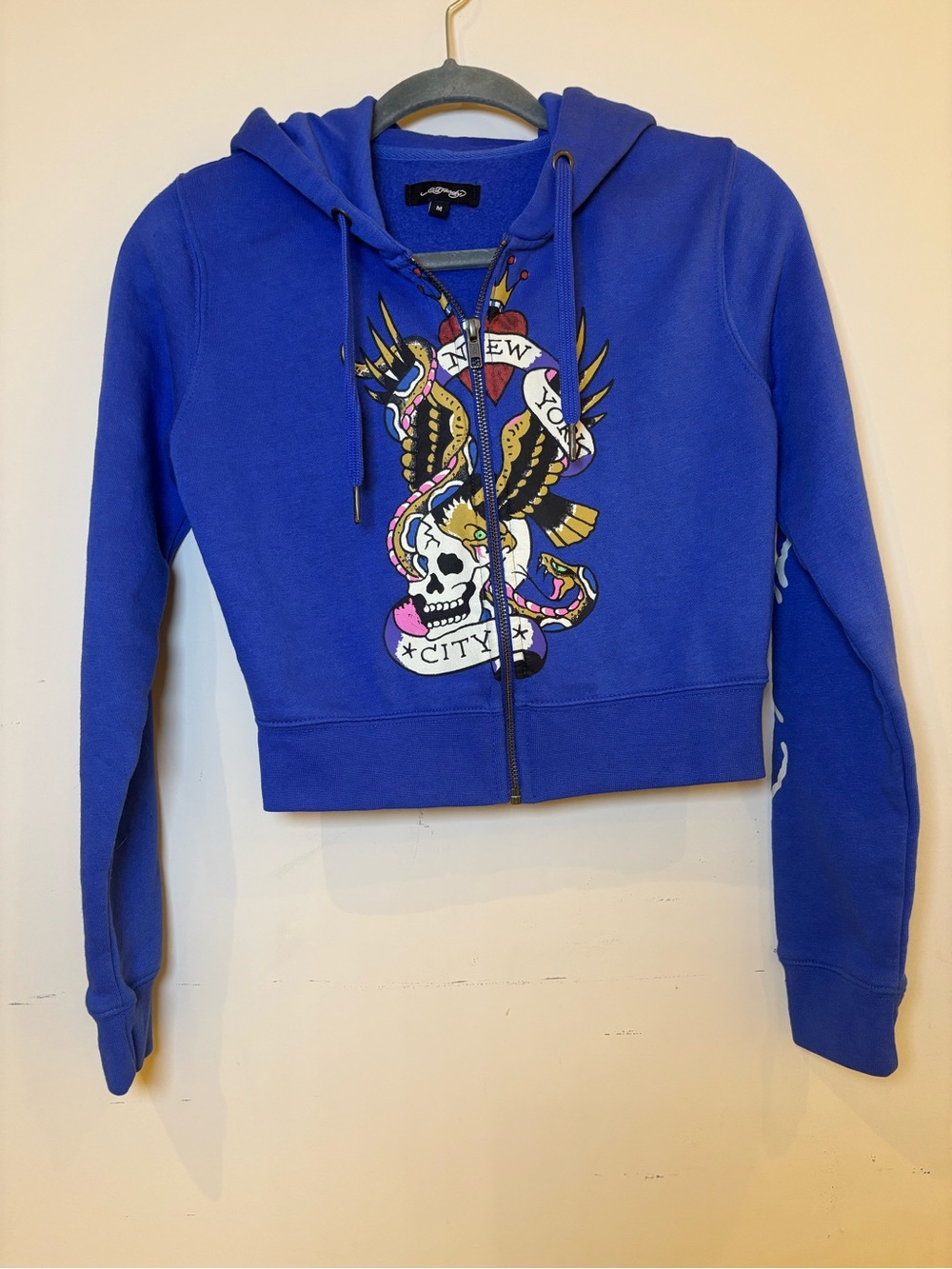 Ed Hardy Cobalt Blue Cropped Zip Hoodie with Skull & Eagle Graphic